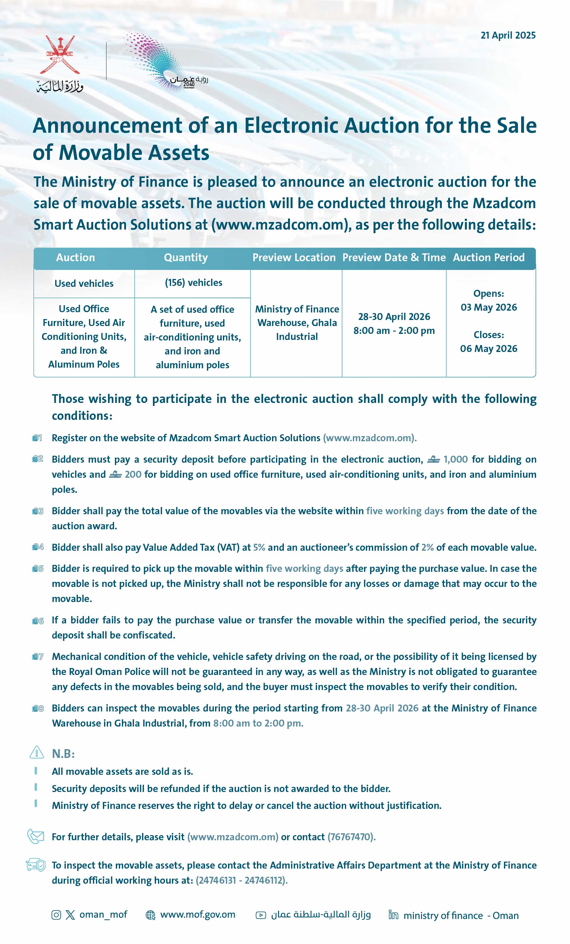 Announcement of an Electronic Auction for the Sale of Movable Assets